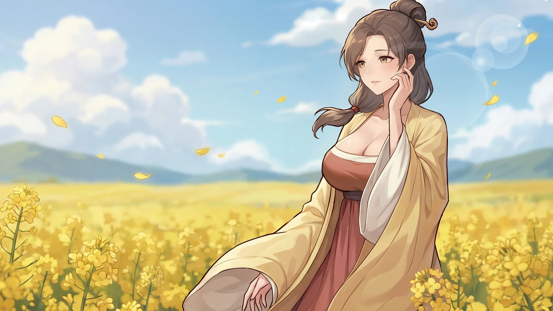 女子站在金色田野前的角色剧情插画