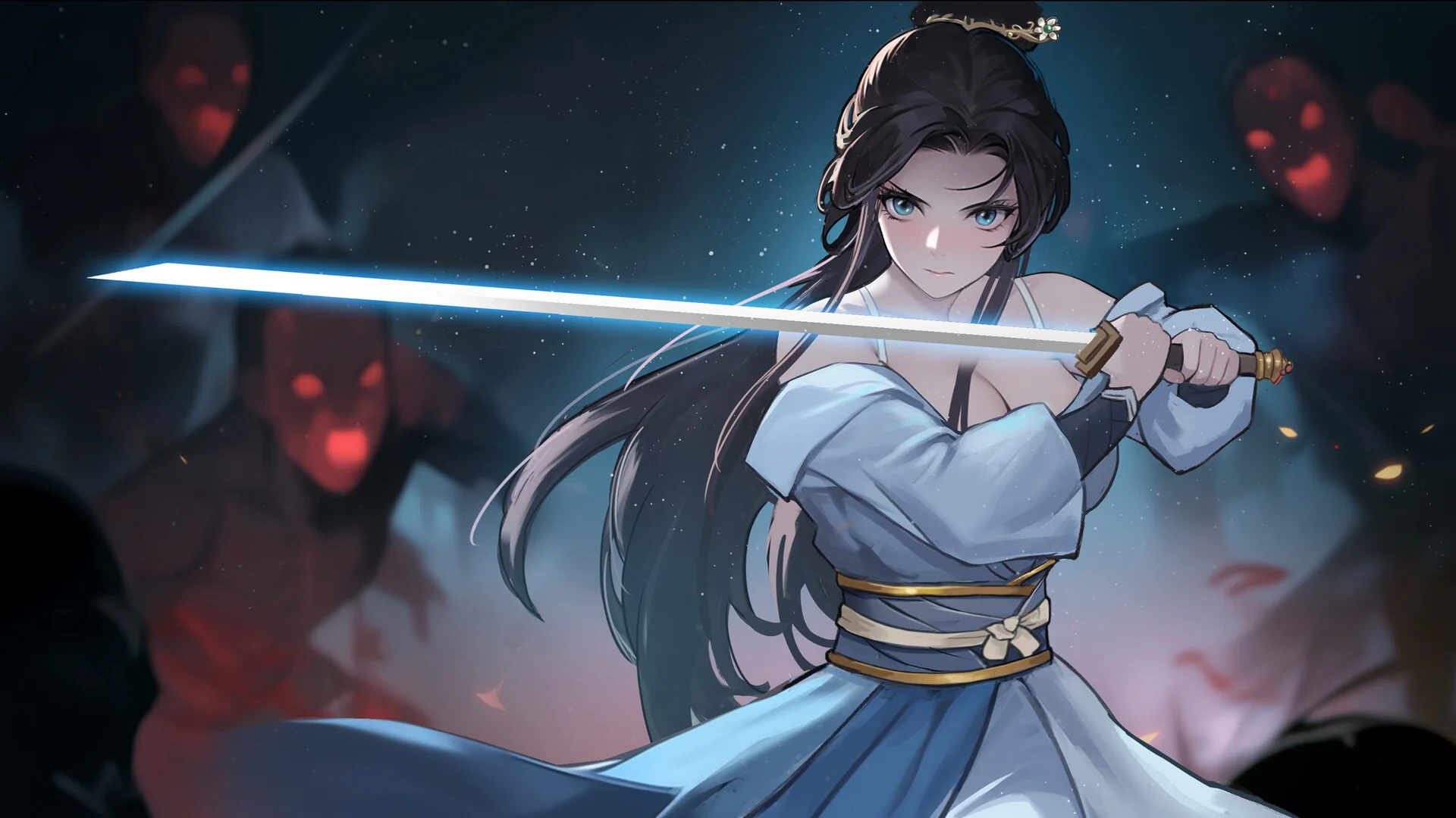 持剑女侠迎战暗影敌人的武侠剧情画面