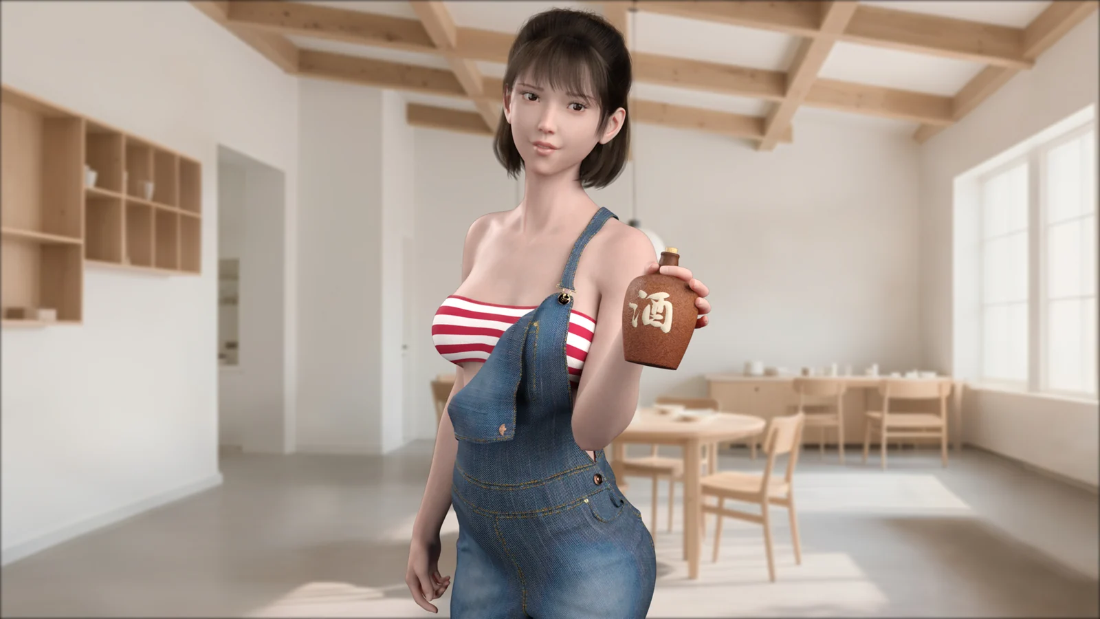 短发女性身穿牛仔背带裙,在明亮的餐厅里手持酒瓶