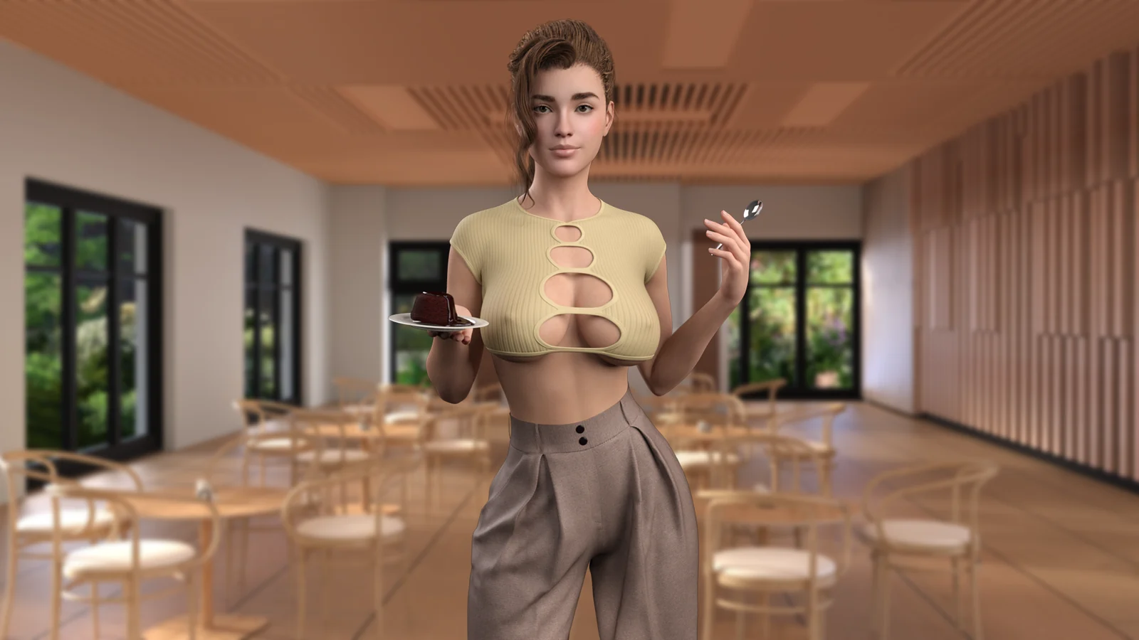 女性角色身穿黄色上衣，站在布置了桌椅的餐厅中央