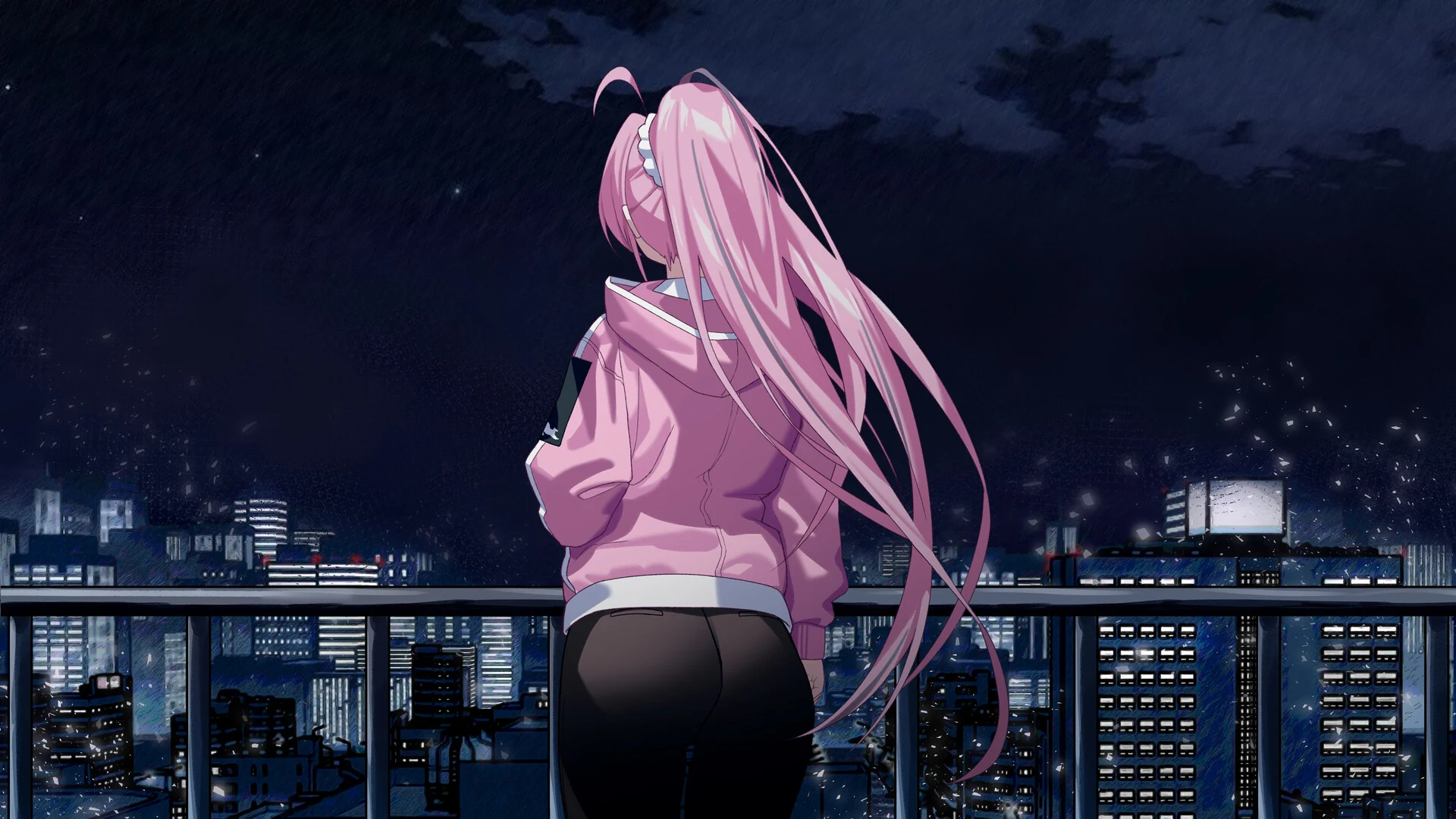 粉发少女站在城市夜景前眺望远方