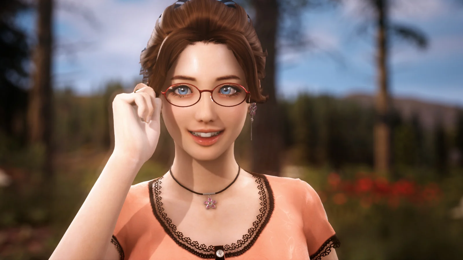 戴眼镜的 Emily 站在林间，抬手扶着镜框