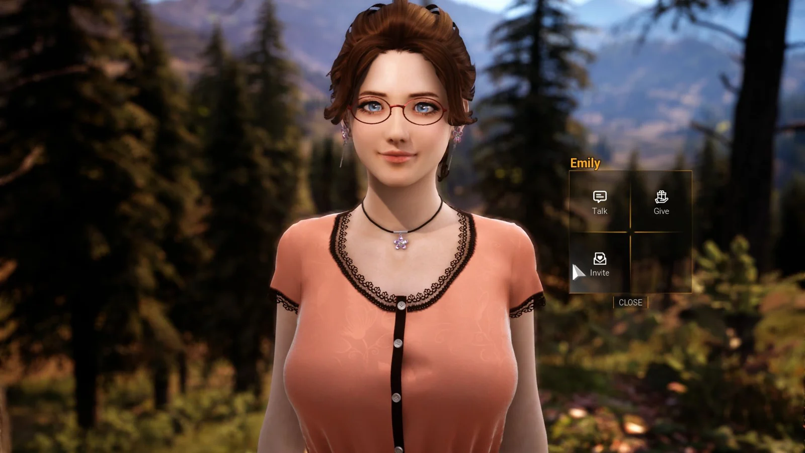Emily 站在户外,右侧显示角色互动选项