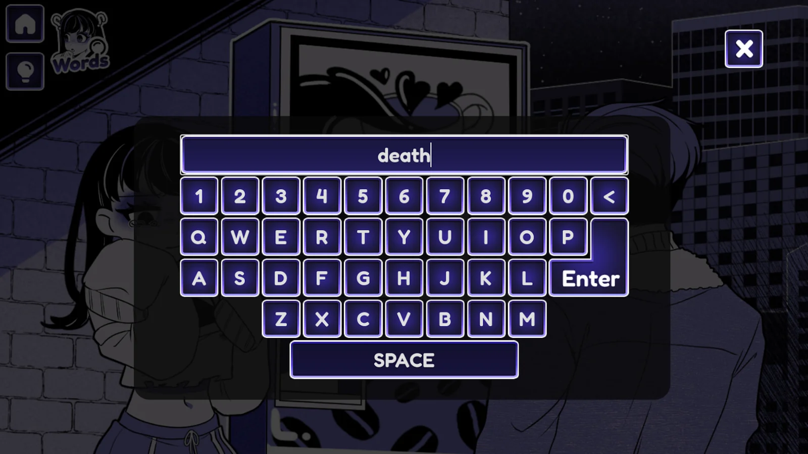 游戏屏幕键盘中输入 death，右侧为确认输入的 Enter 键